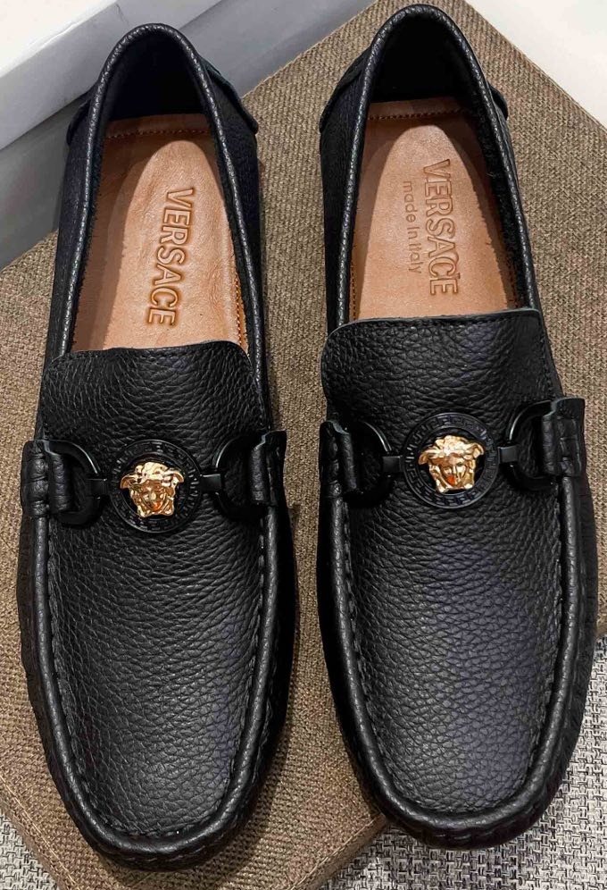 Versace Black Gold-Emblem Slip-On Loafers — hero