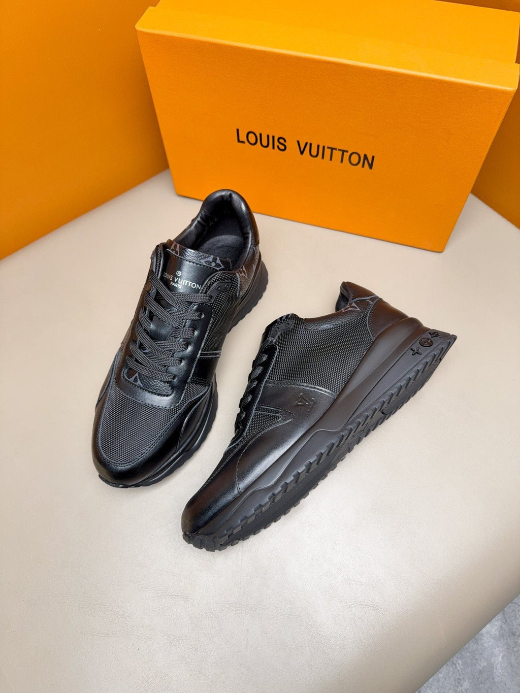 Louis Vuitton Black Leather & Mesh Sneakers — side