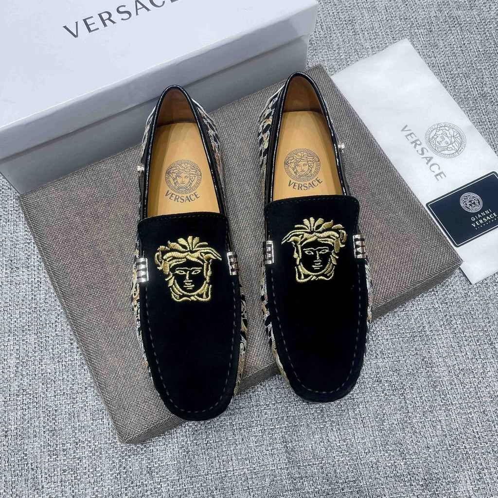 Versace Black Patterned Side Loafers — front