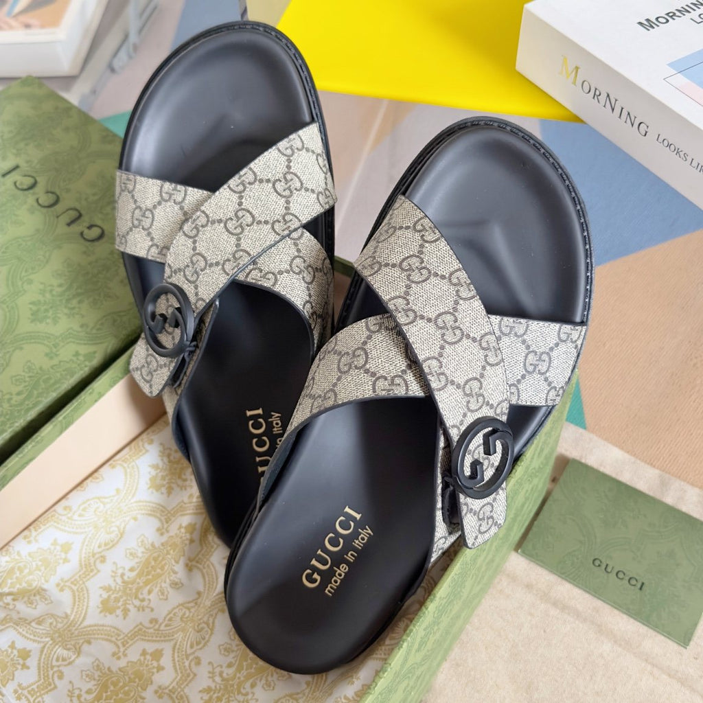 Gucci Beige Monogram Crossover Slide Sandals — hero