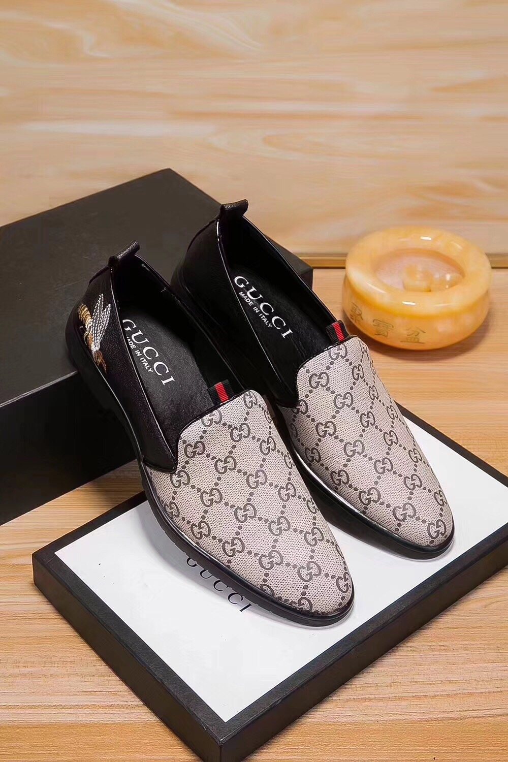 Gucci Beige Monogram Slip-On Shoes — side