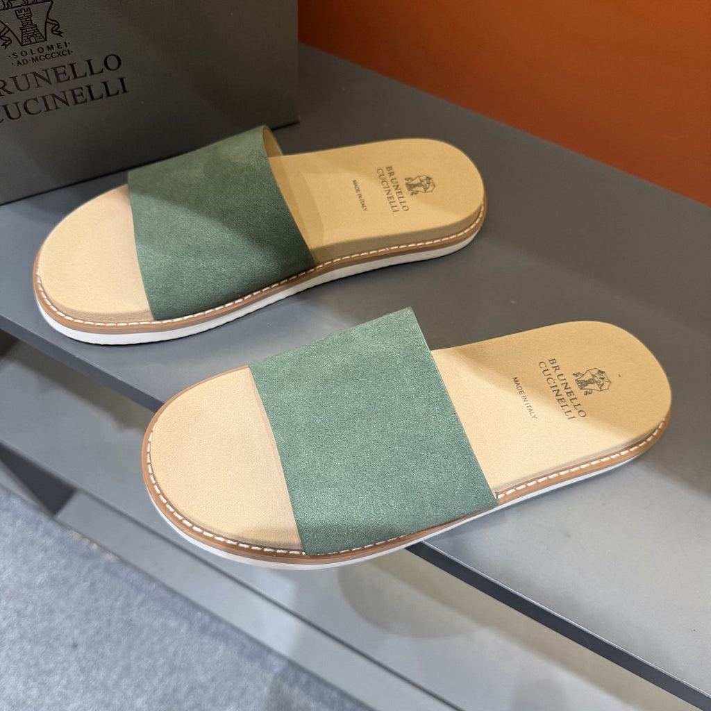 Brunello Cucinelli Sage Green Slide Sandals — front