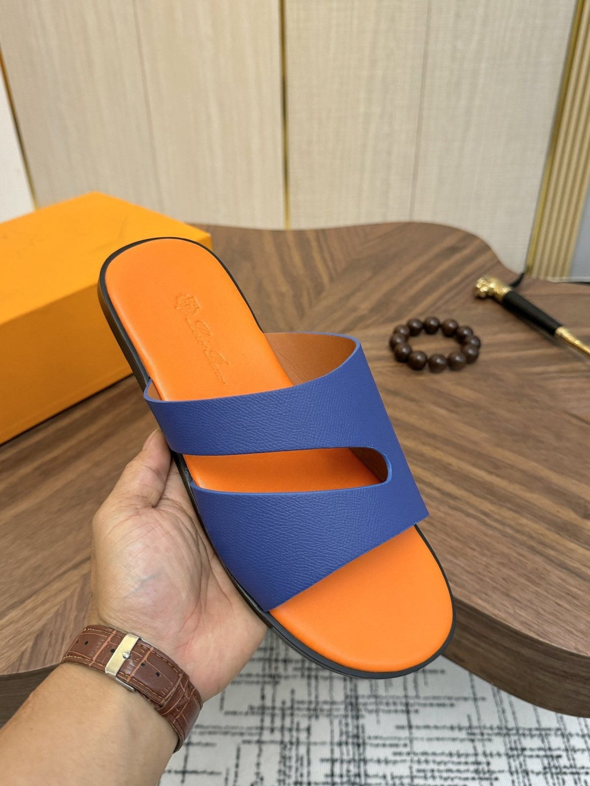 Loro Piana Blue and Orange Slide Sandals — model