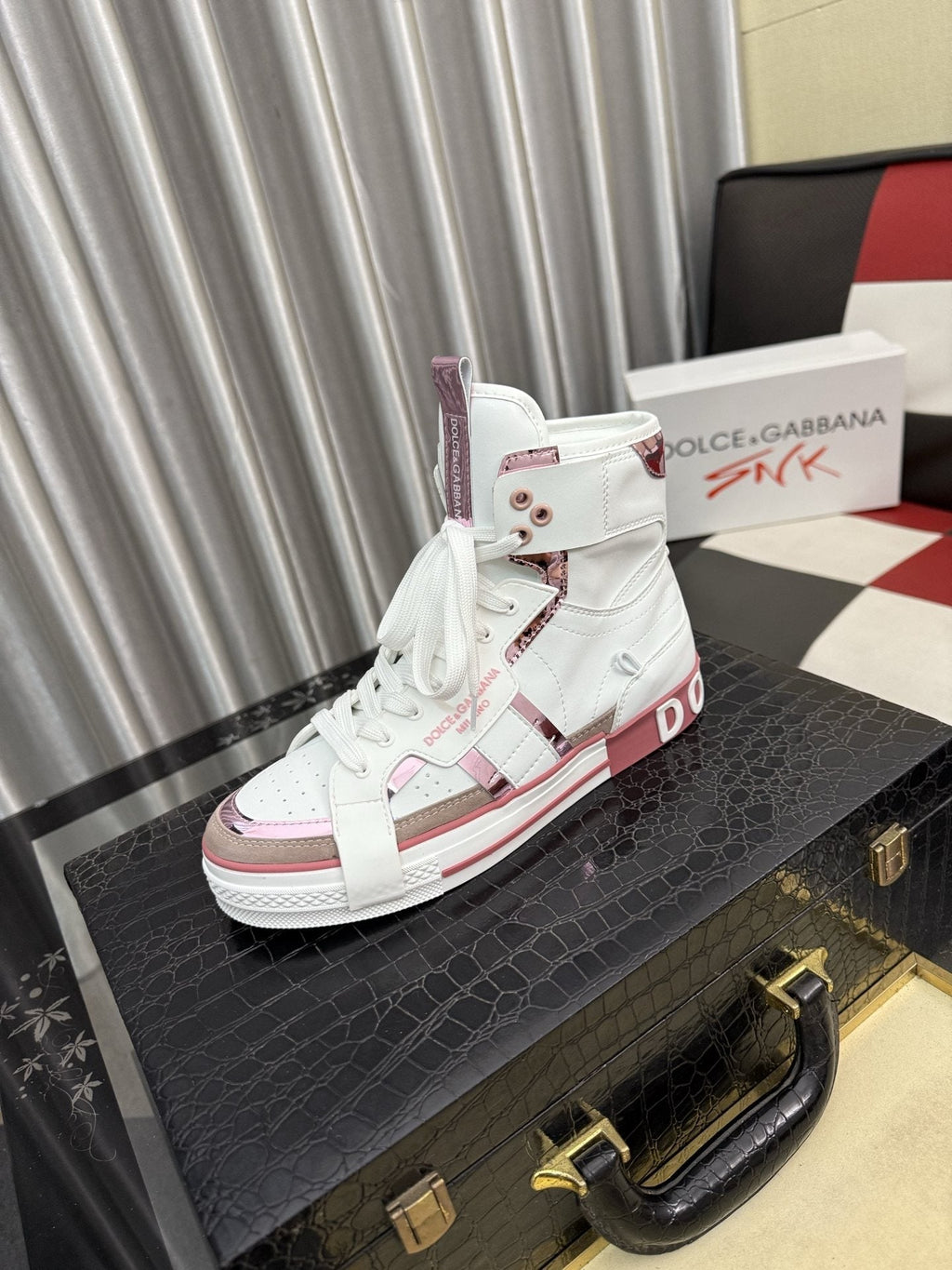 Dolce & Gabbana White and Pink High-Top Sneakers — hero