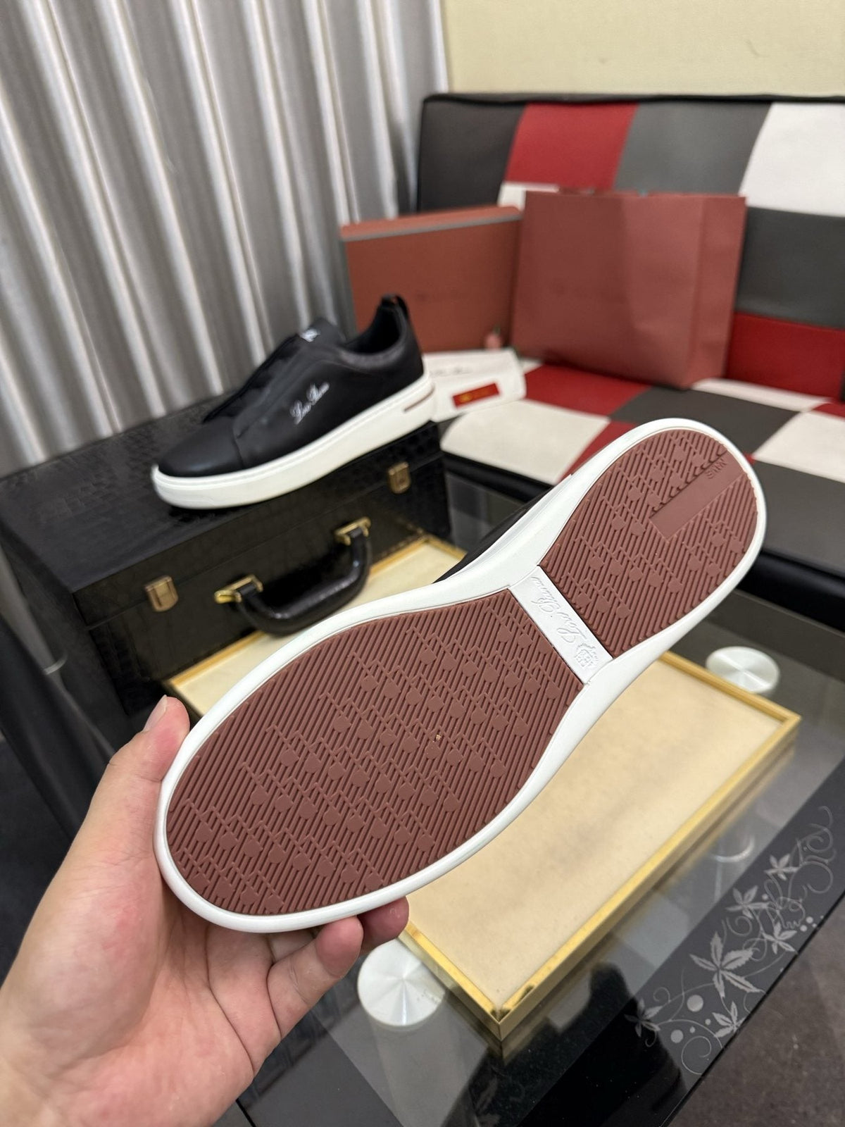 Loro Piana Black Slip-On Sneakers — front