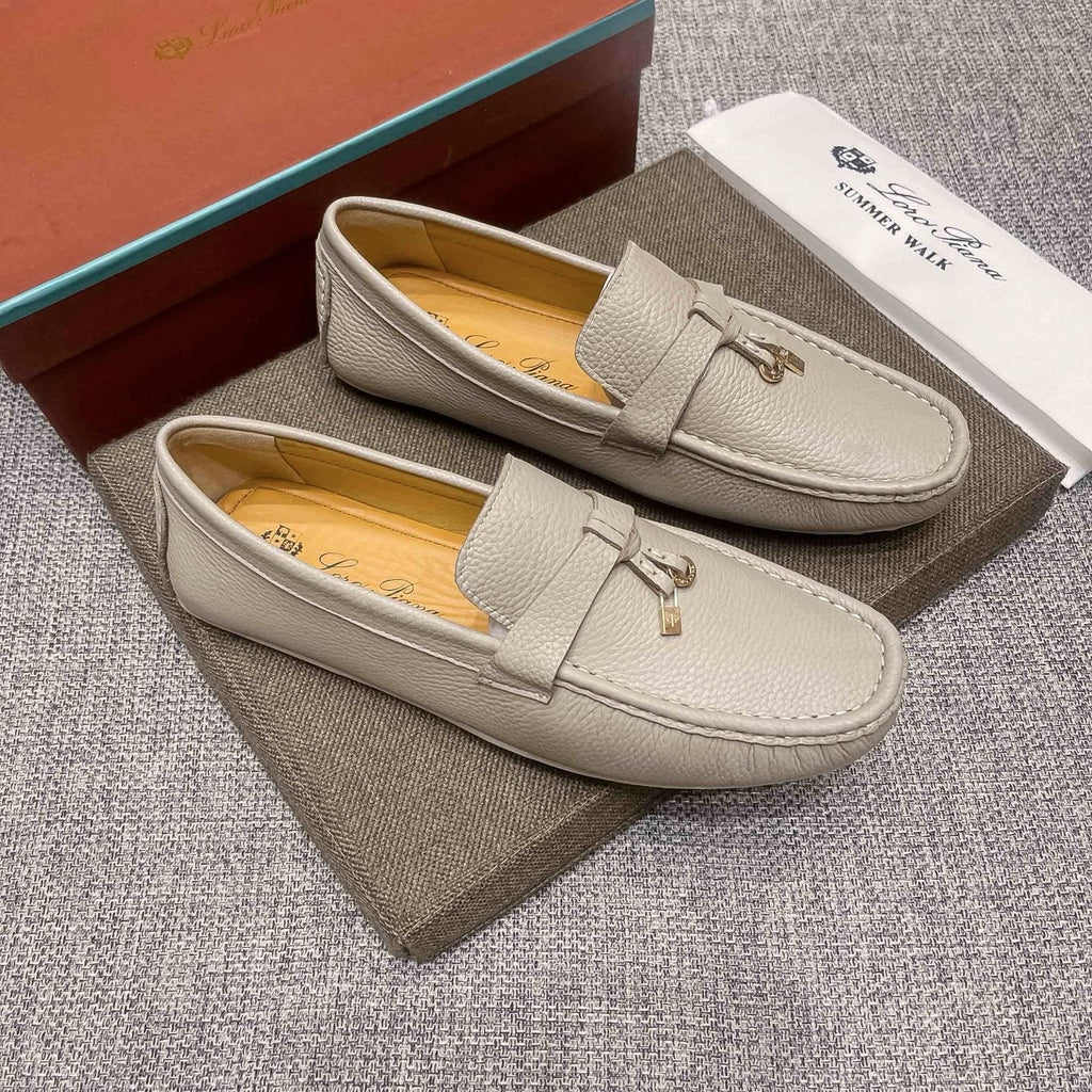 Loro Piana Light Gray Metal-Accent Driving Loafers — hero