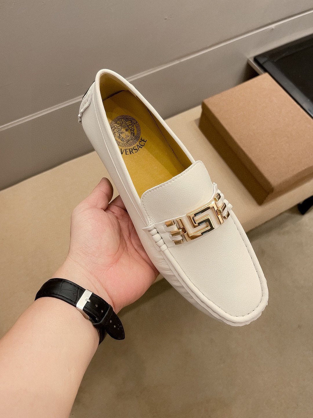 Versace Cream White Gold-Tone Loafers — model