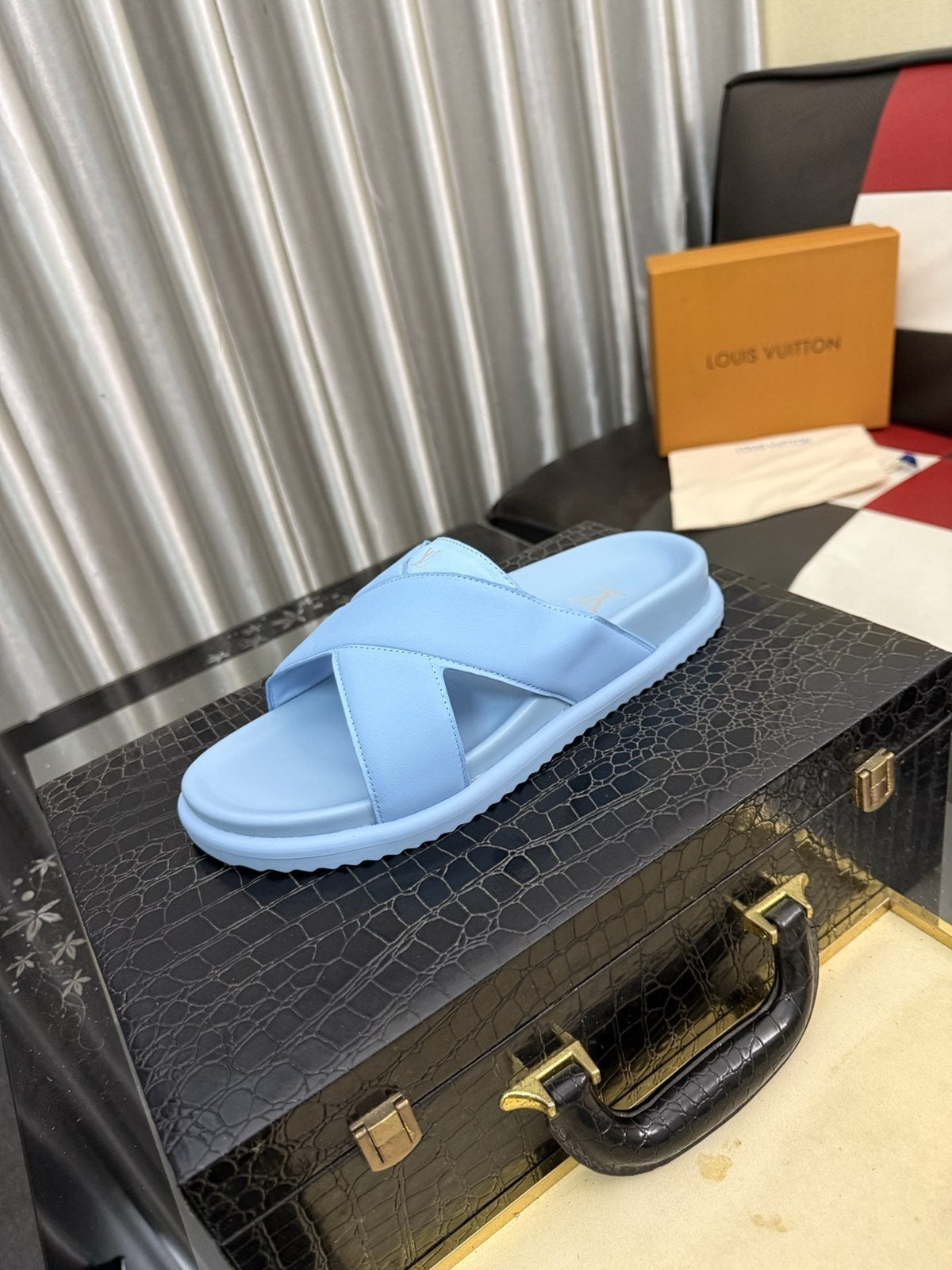 Louis Vuitton Black Crossover Slide Sandals — front