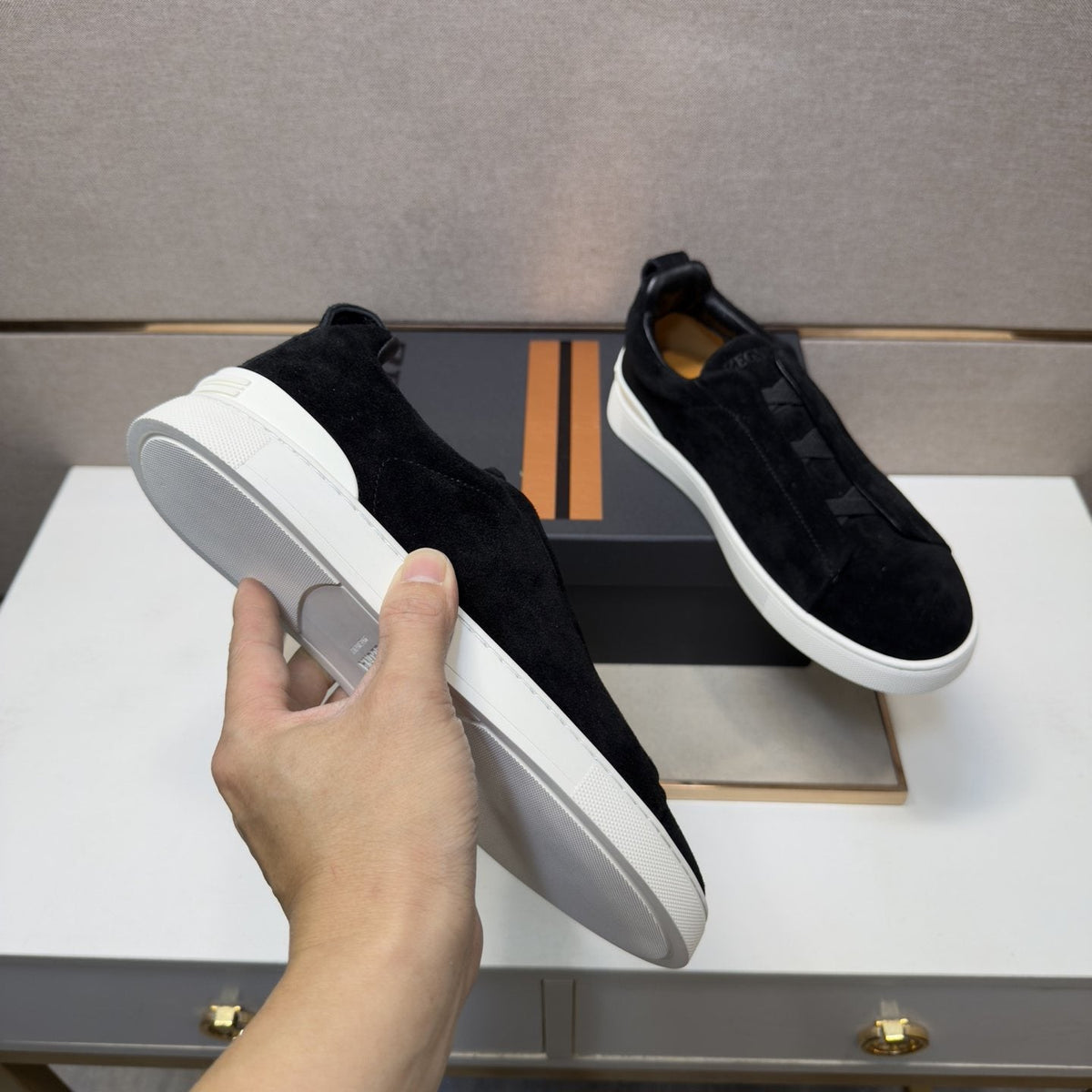 Zegna Black Textured Slip-On Sneakers — model