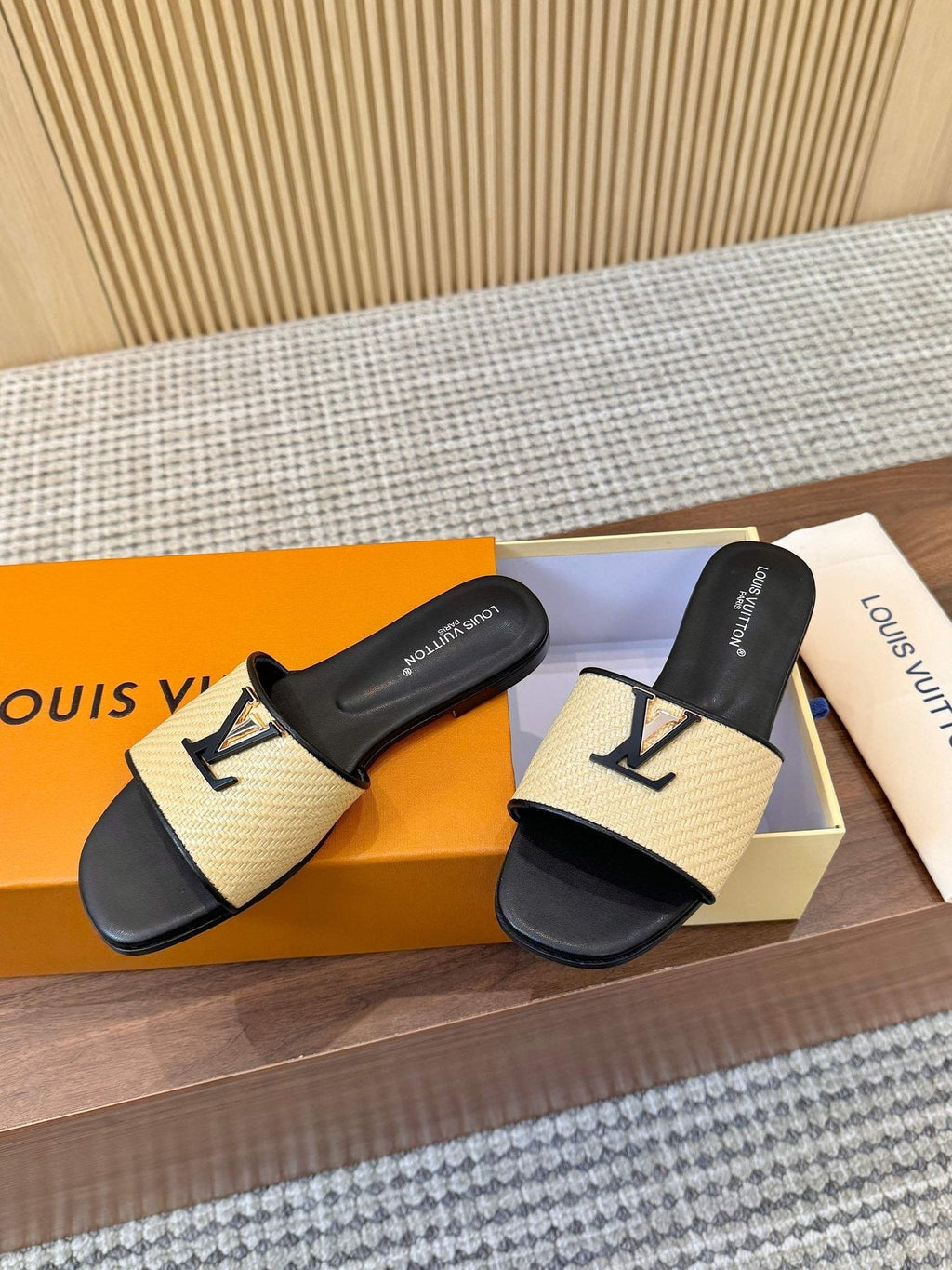Louis Vuitton Textured Logo Slide Sandals — front