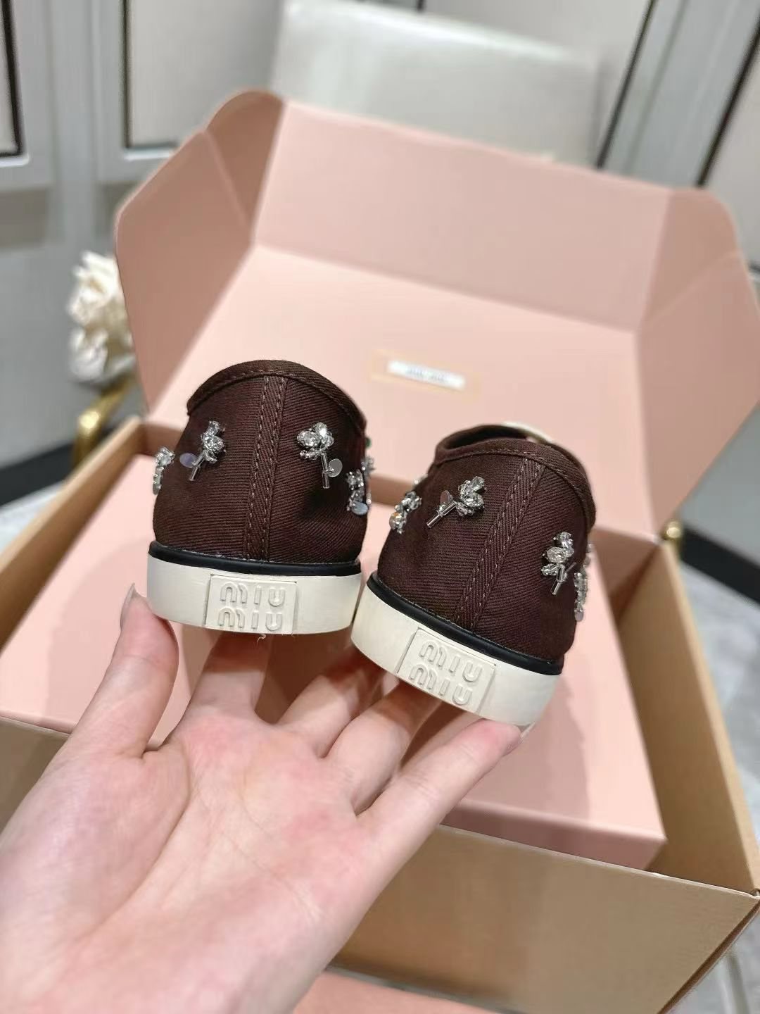 Miu Miu Floral Rhinestone Canvas Sneakers — back