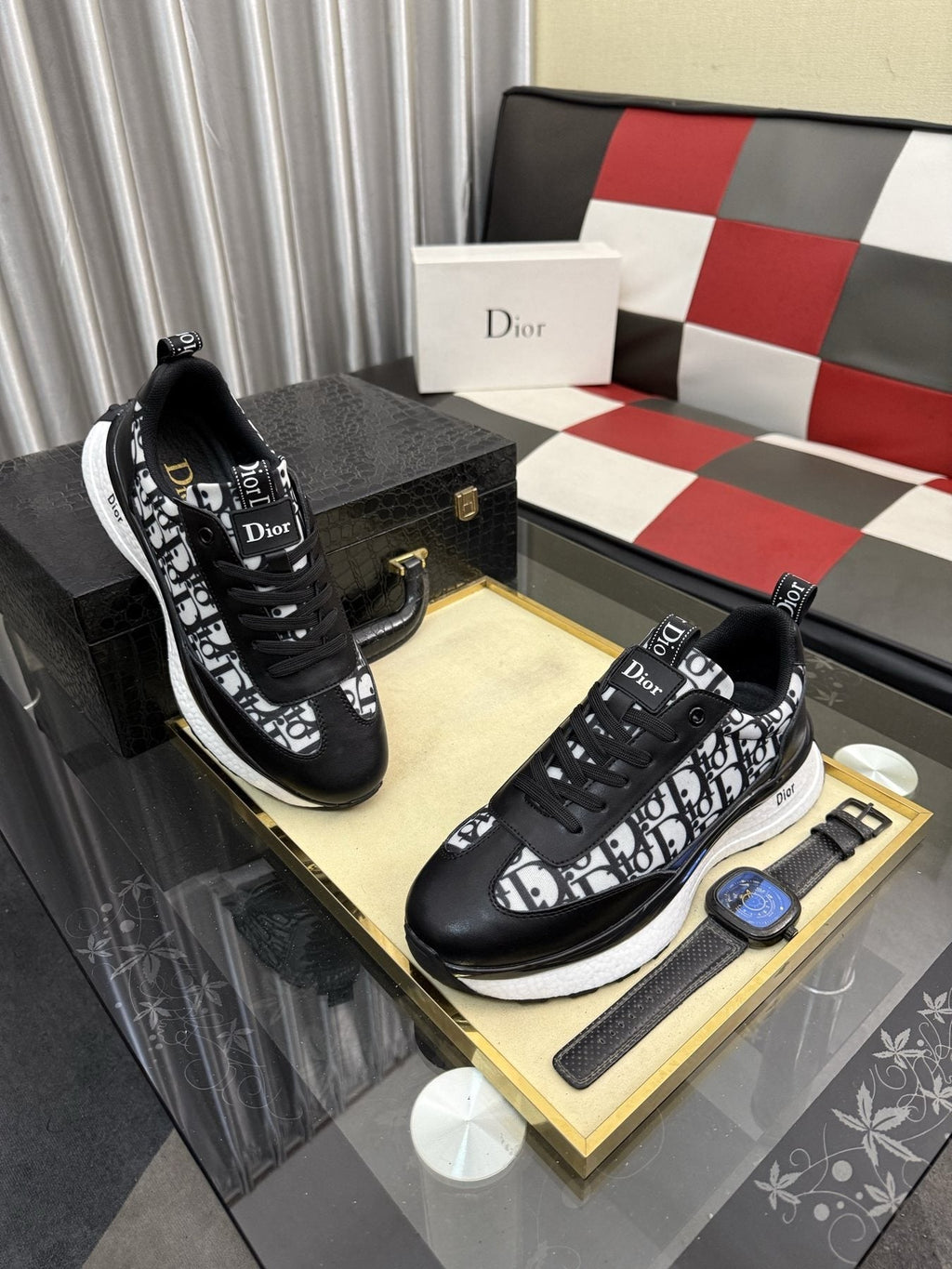 Dior Patterned Panel Low-Top Sneakers — side