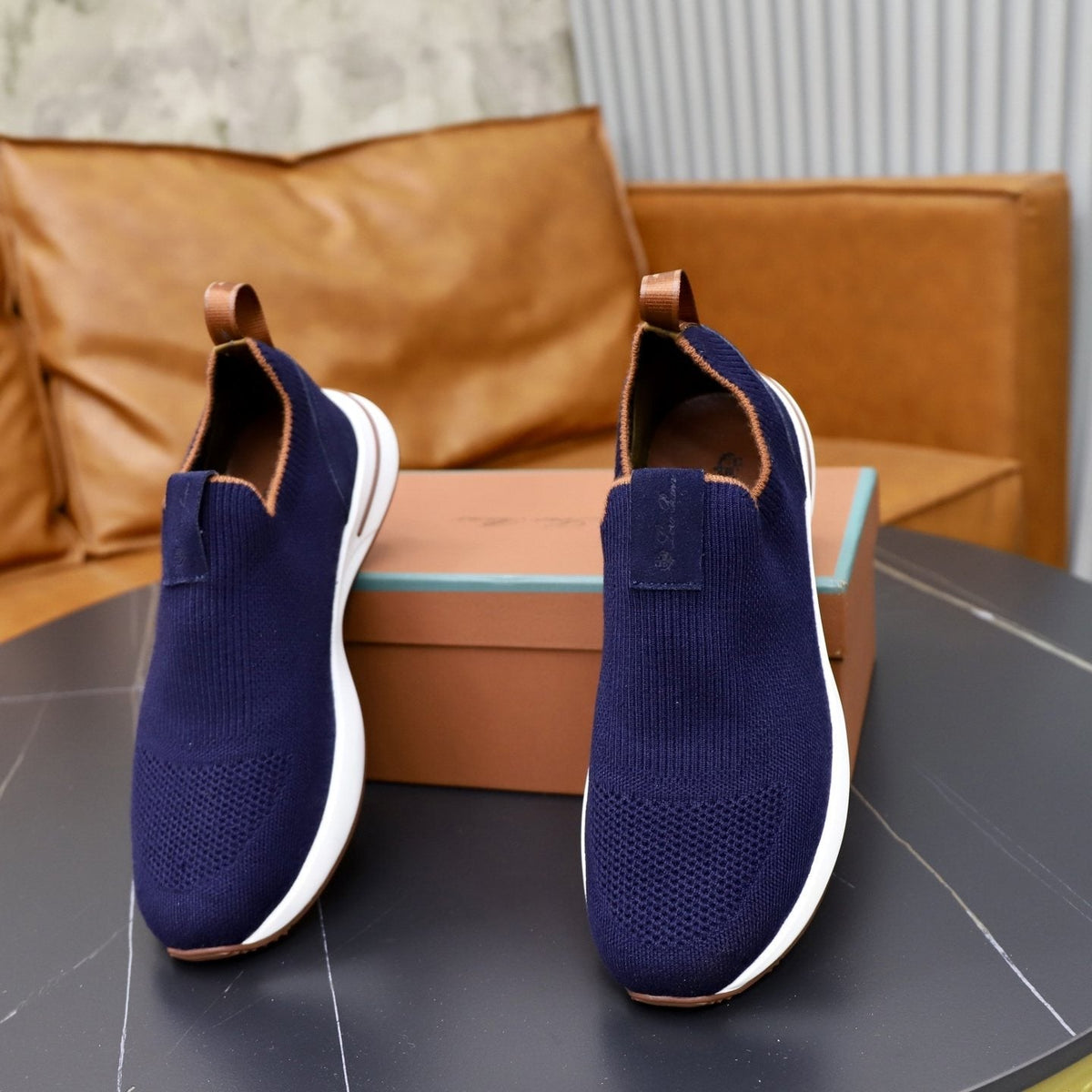Loro Piana Charcoal Knit Slip-On Sneakers — front