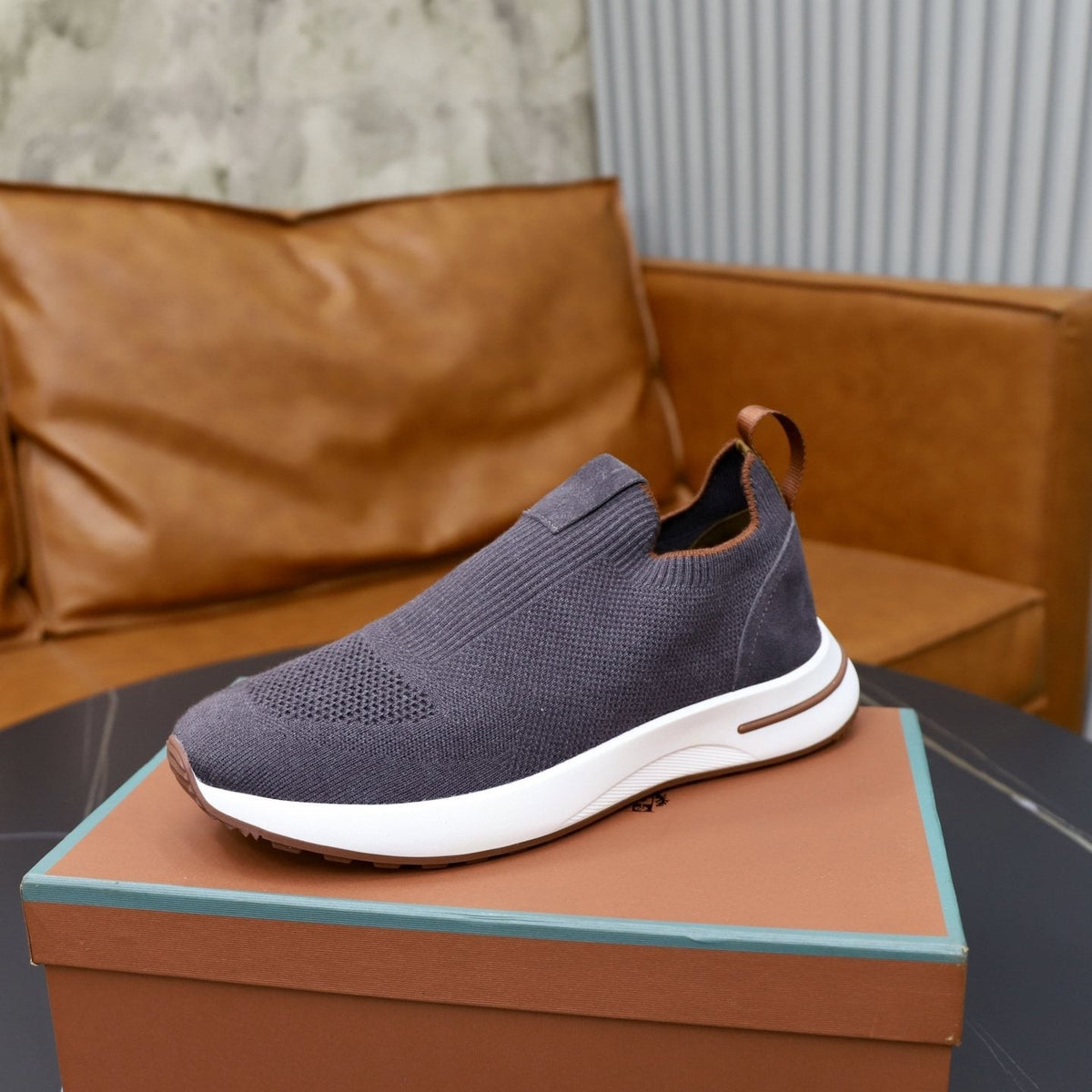 Loro Piana Charcoal Knit Slip-On Sneakers — hero