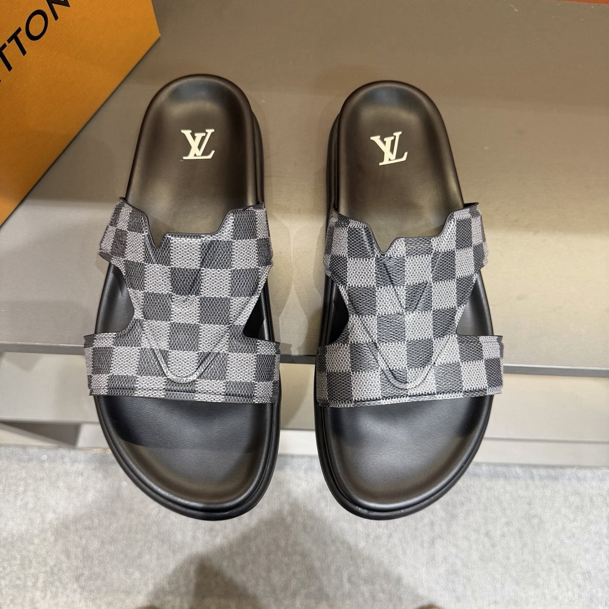 Louis Vuitton Checkerboard Crossover Slide Sandals — front