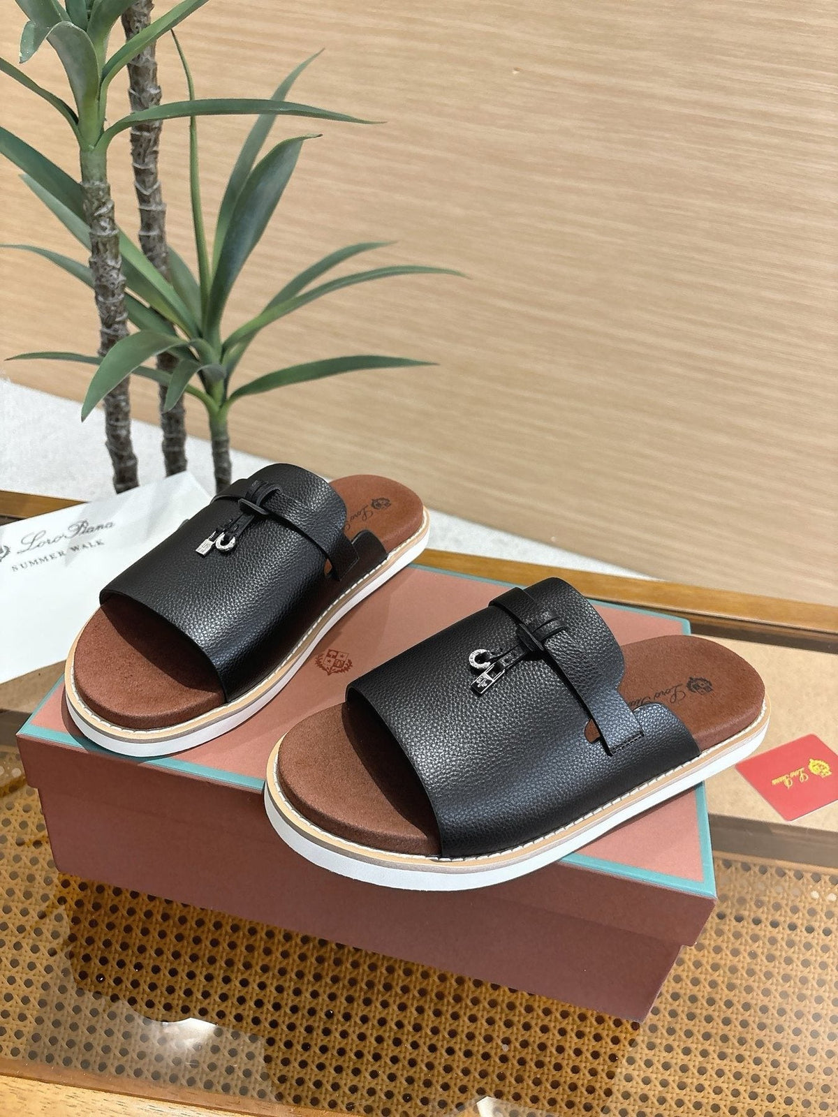 Loro Piana Navy Blue Crisscross Slide Sandals — front