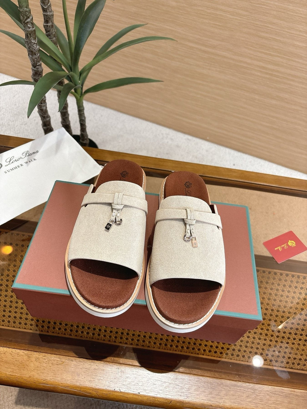 Loro Piana Navy Blue Crisscross Slide Sandals — front