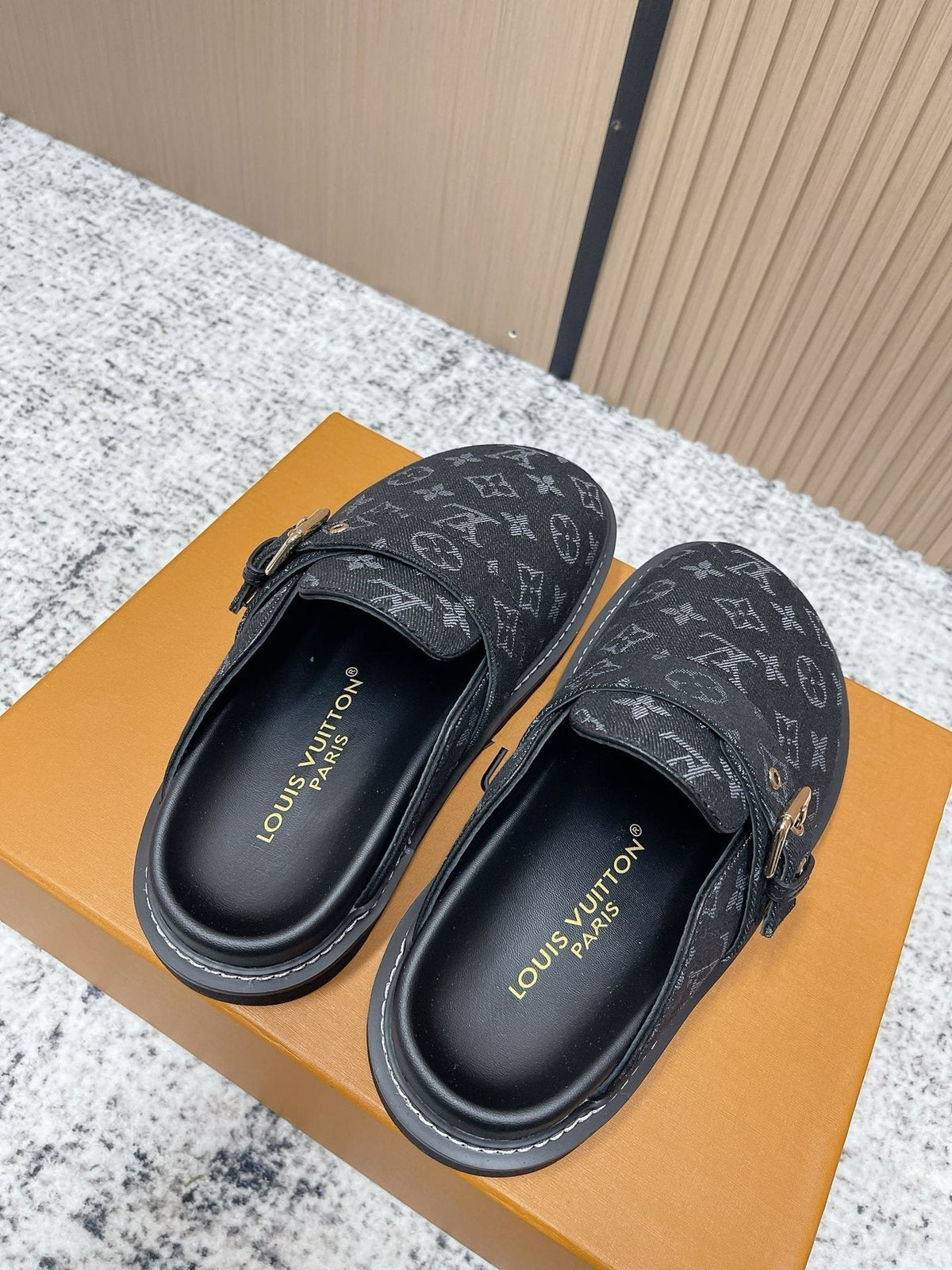 Louis Vuitton Monogram Buckle Clog Sandals — front