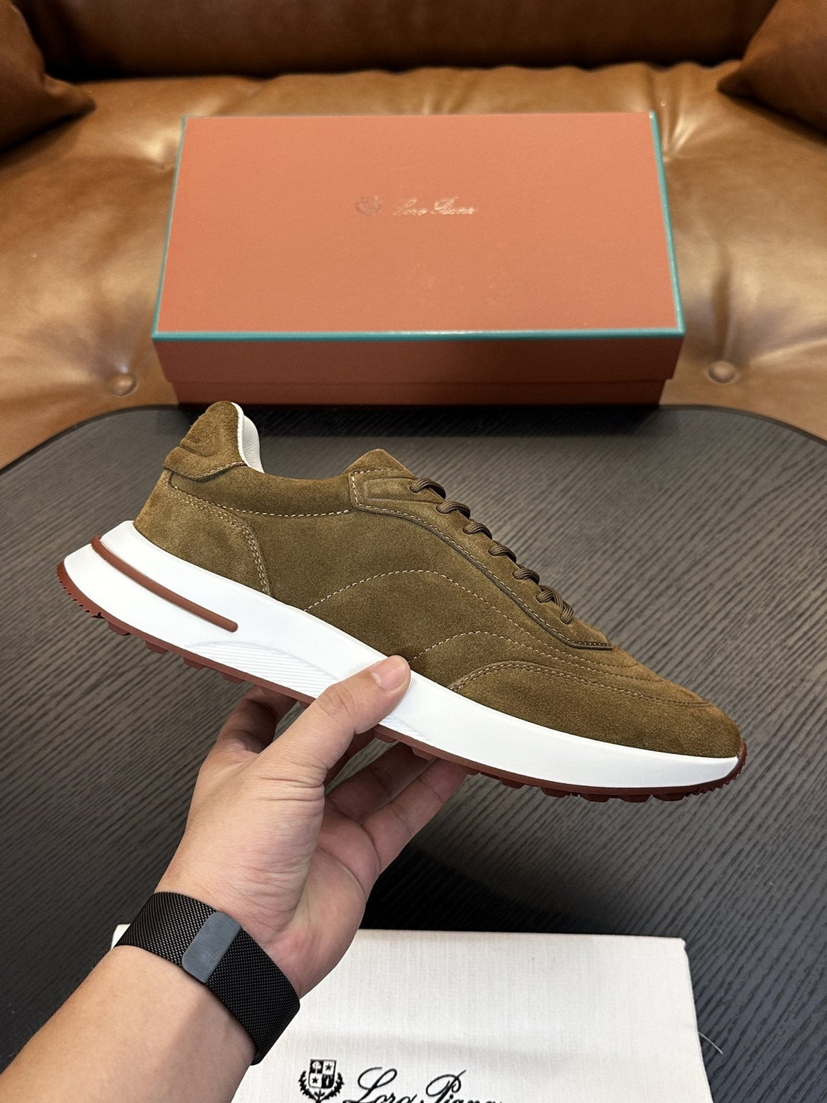 Loro Piana Gray and Charcoal Low-Top Sneakers — front