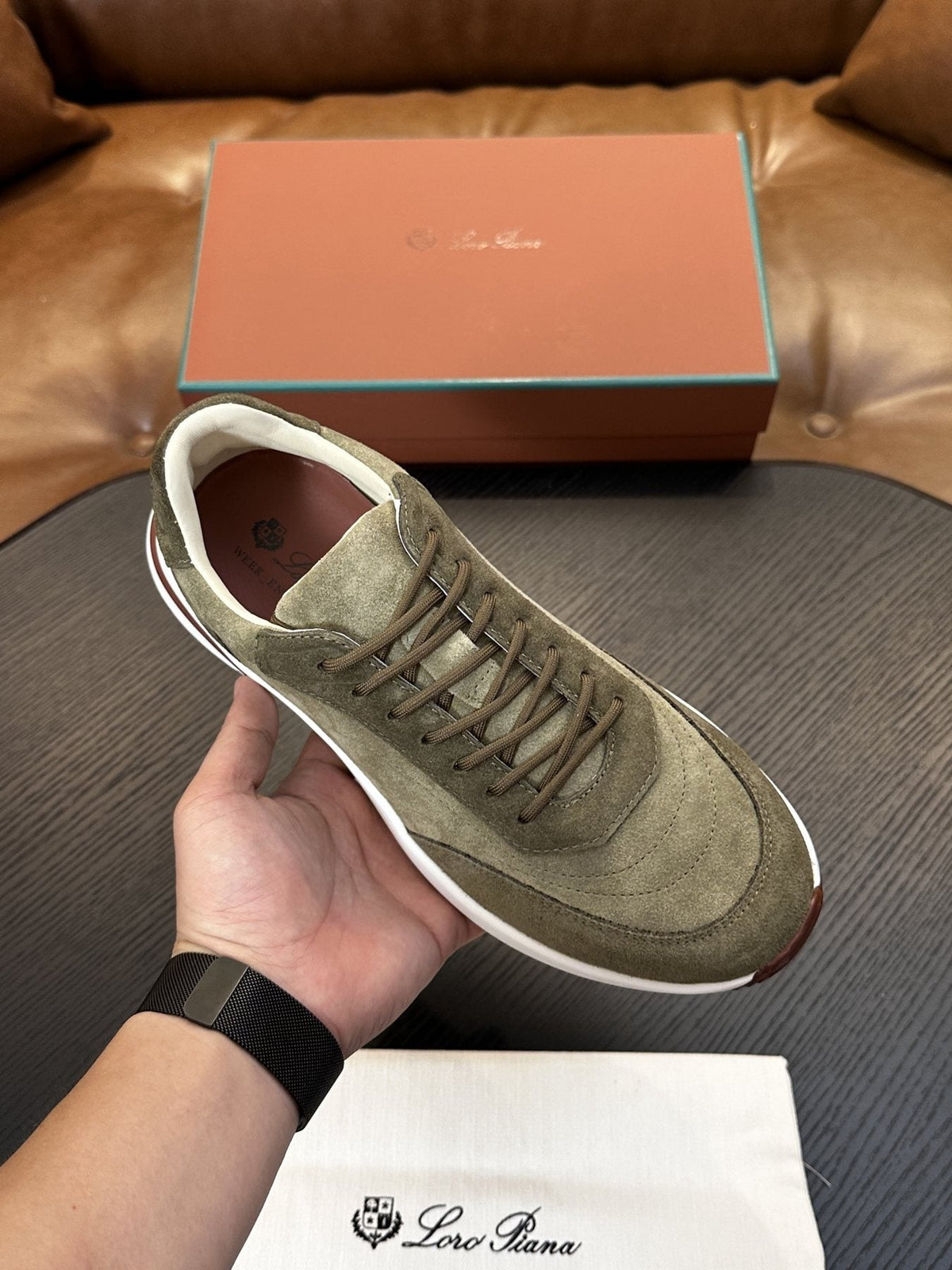 Loro Piana Taupe-Gray Low-Top Sneakers — front