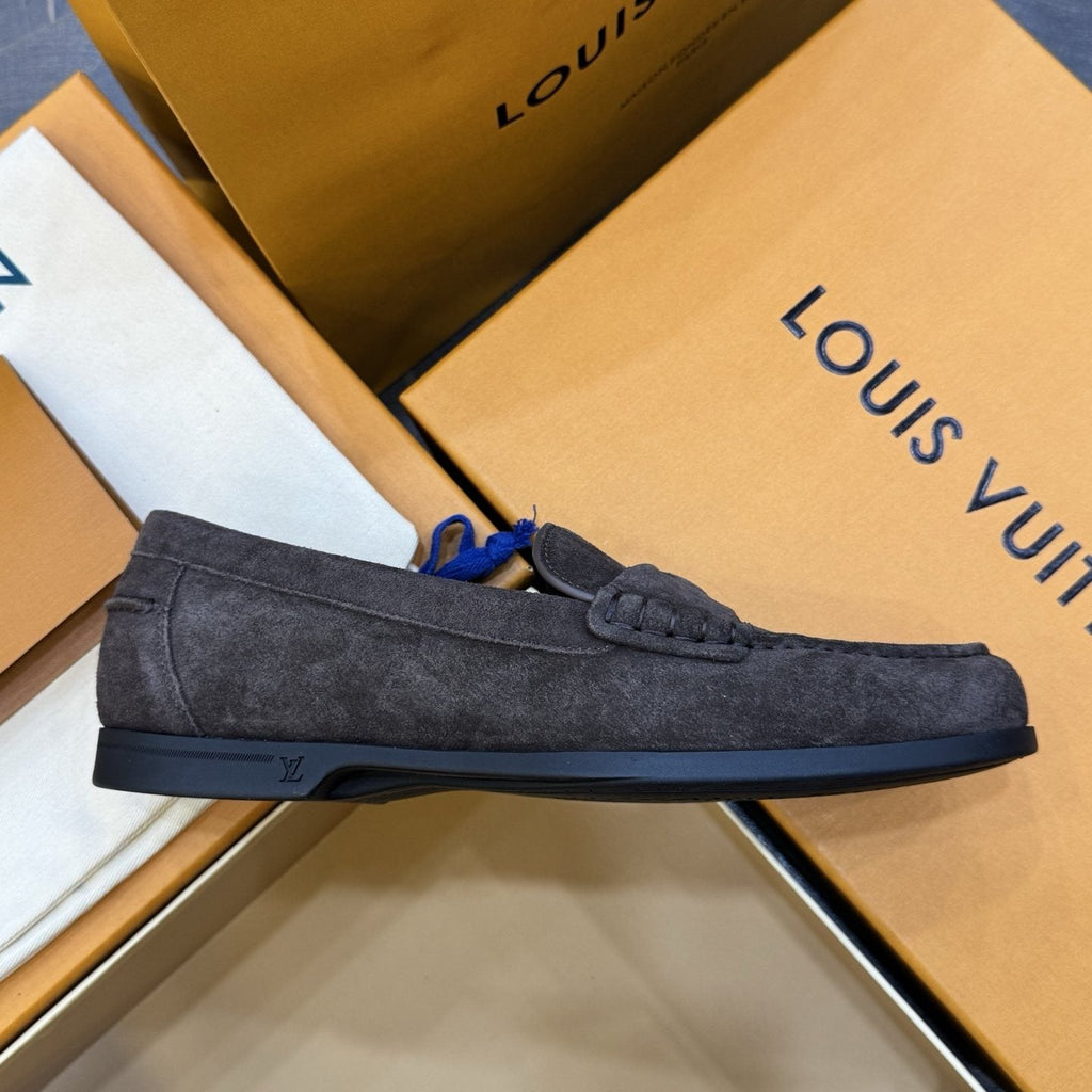 Louis Vuitton Charcoal Gray Suede Loafers — side