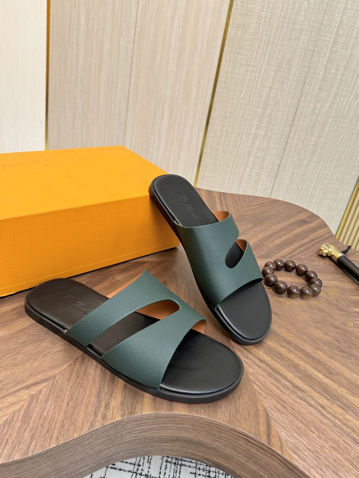 Loro Piana Dark Green Two-Strap Slide Sandals — hero