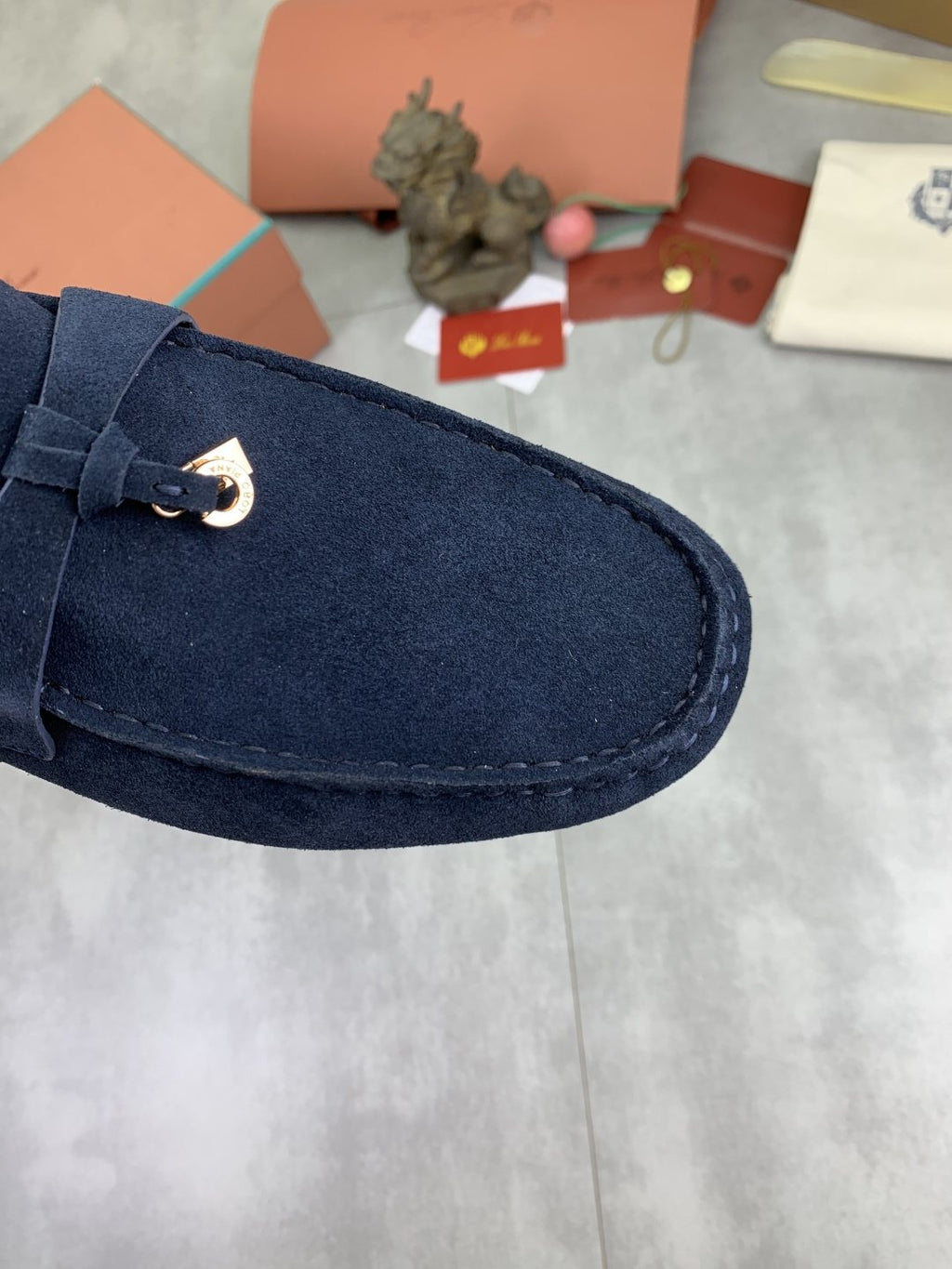 Loro Piana Navy Blue Moc-Toe Loafers — detail