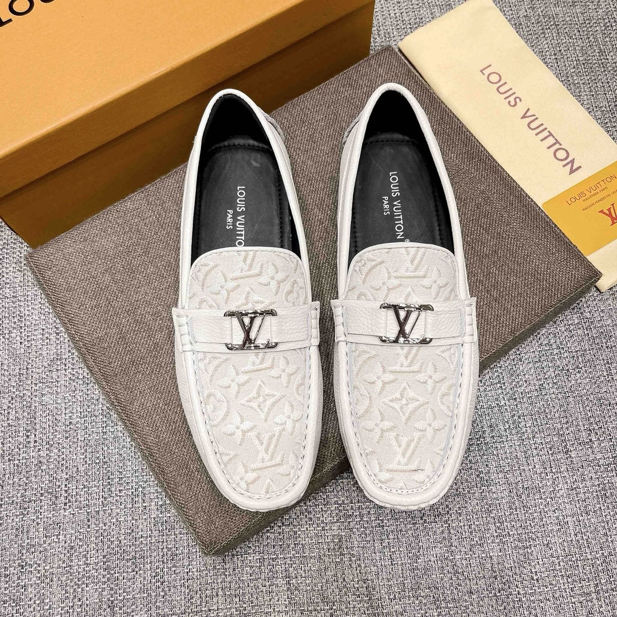 Louis Vuitton Patterned Metal-Accent Slip-On Loafers — front