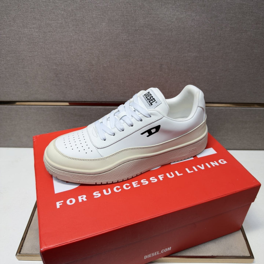 Diesel White Perforated Low-Top Sneakers — front
