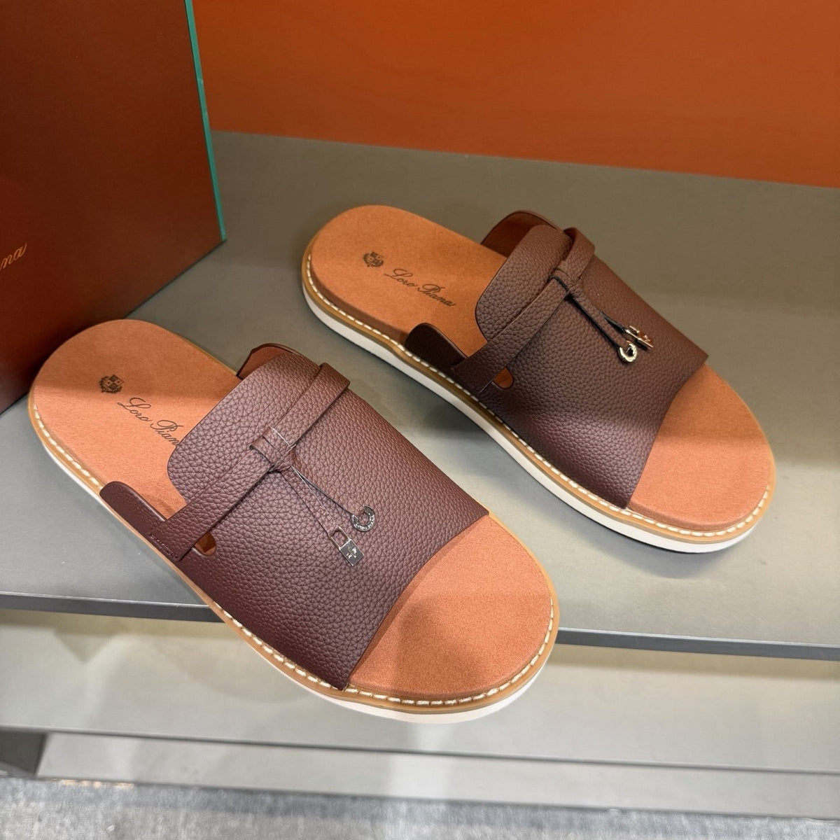 Loro Piana Leather Slide Sandals — front