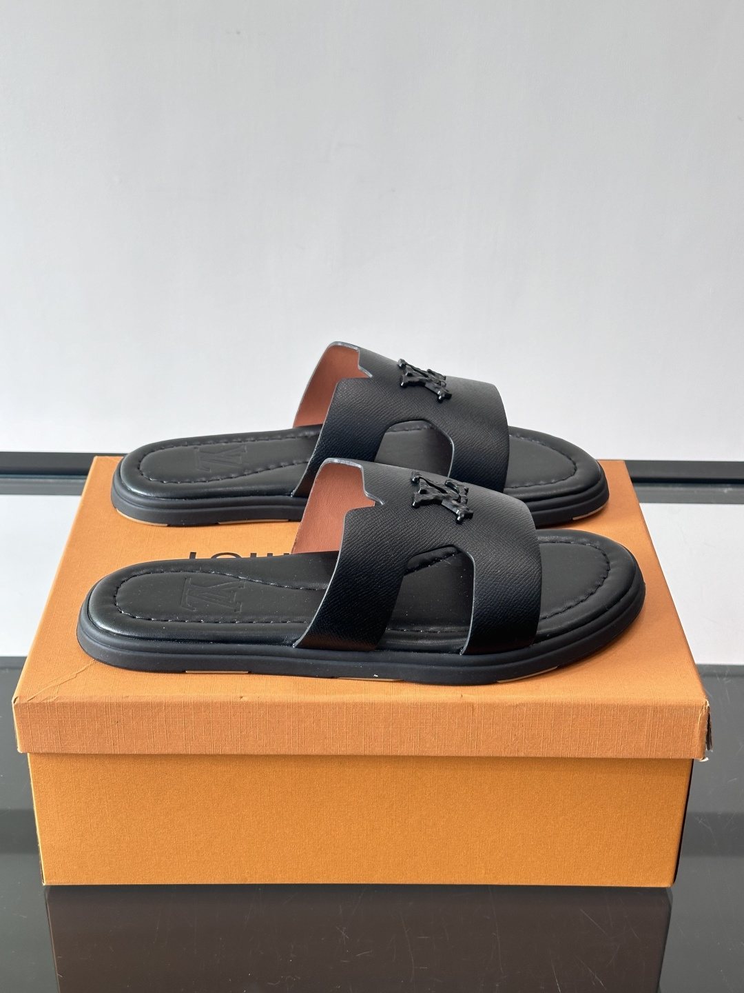 Louis Vuitton Navy Blue Slide Sandals — front