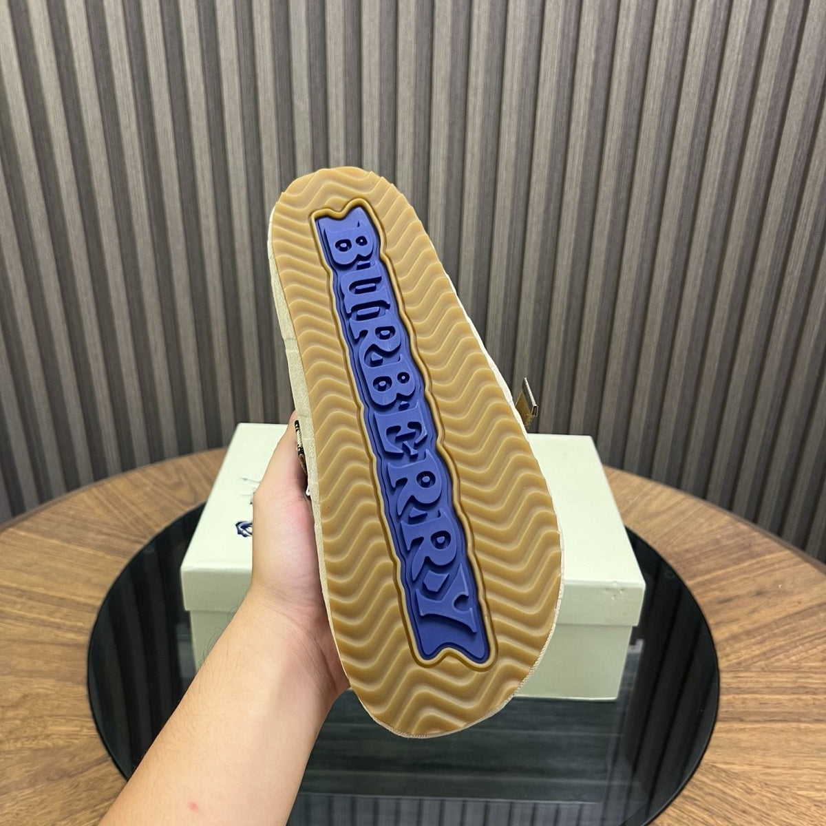 Burberry Brown Plaid Buckle Mule Slippers — detail