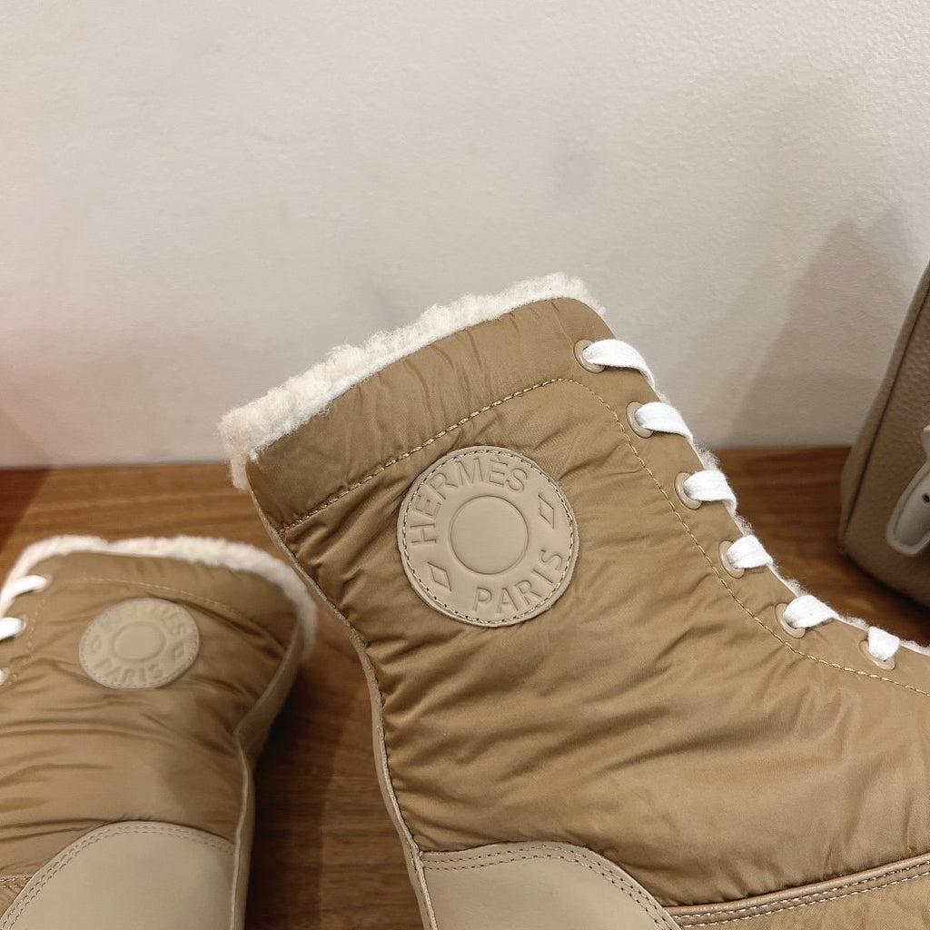 Hermès Taupe and Cream Lace-Up Mid-Calf Boots — detail