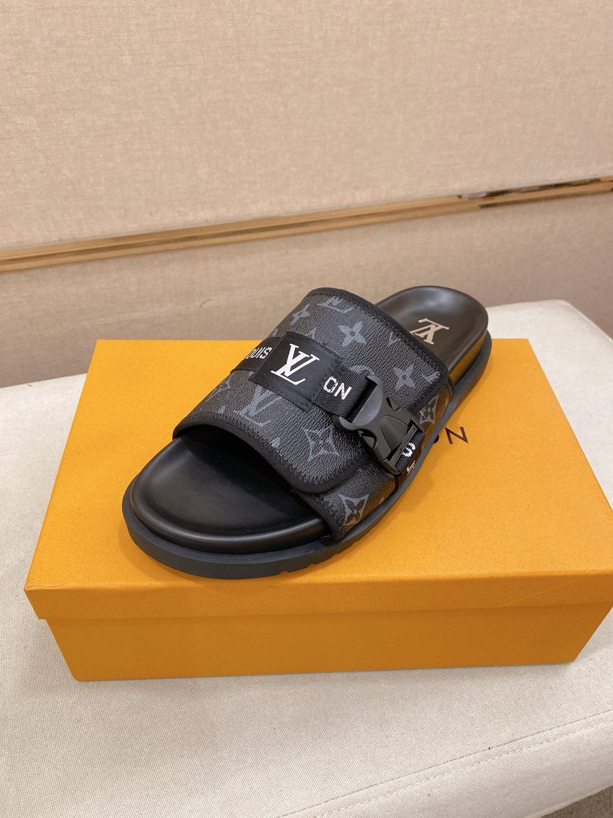 Louis Vuitton Monogram Buckle Slide Sandals — front